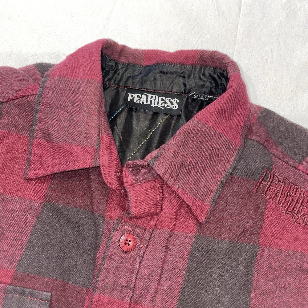 Fearless‎ Mens Quilted Flannel Shirt Jacket Burgundy Grey Buffalo Plaid Size M